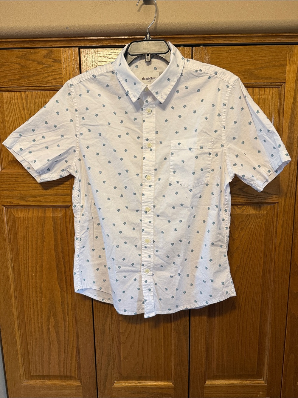 Goodfellow & Co White Short-Sleeve Button-Down Shirt with Blue Micro Print- Med